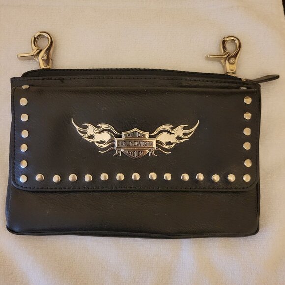 Harley Davidson Leather Studded Zip Closure Clip-on Hip Bag Belt Pouch - Picture 1 of 7